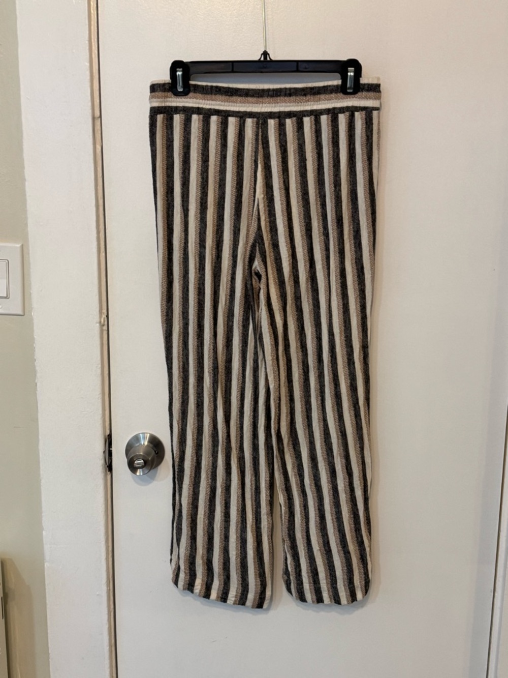 Marissa Olivia Striped Cream Beige Gray Drawstring Linen Coastal Lounge Pants - Picture 3 of 6